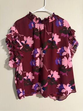 Claiborne Burgundy Floral Ruffle Sleeve Blouse